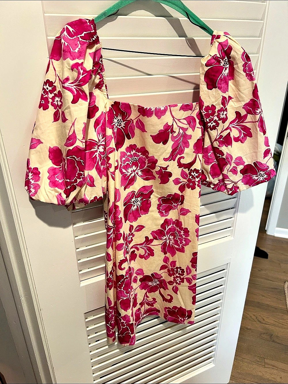 Mango Macarena Puffed Sleeves Short Dress Floral Mini Dress Pink & Cream Medium